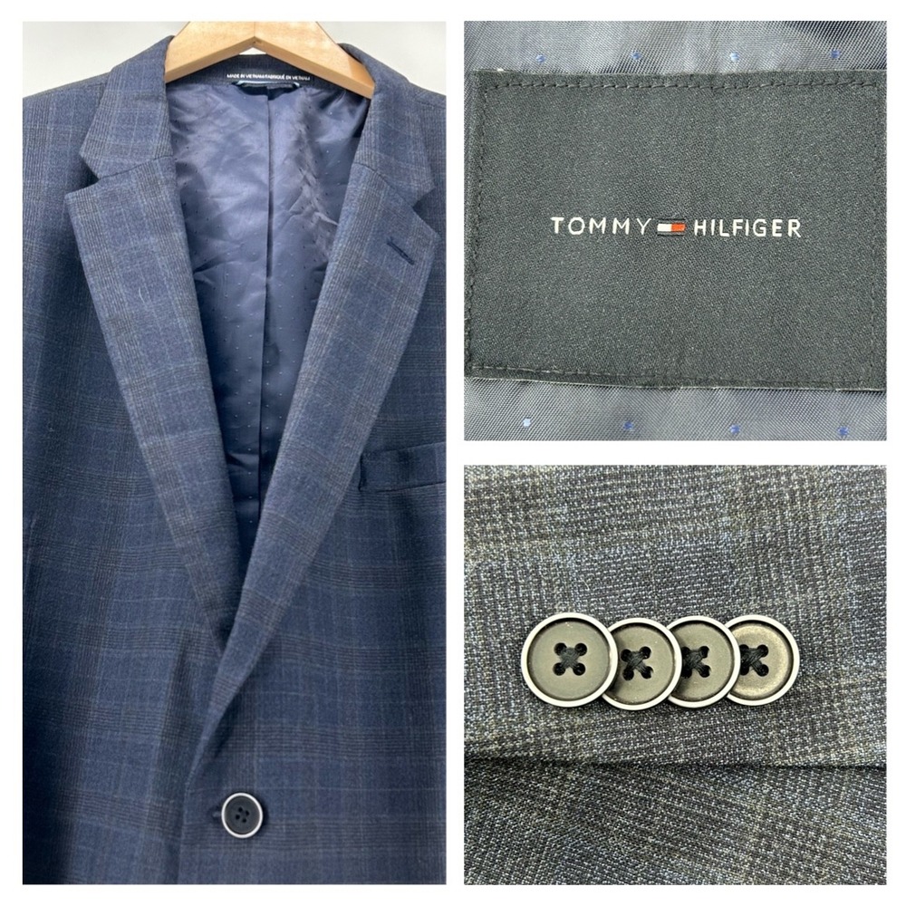 Tommy Hilfiger Blazer Mens 48R Blue Plaid Wool Blend Sport Coat Professional